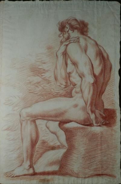 JAY, XIXe siècle Homme assis de profil Dessin à la sanguine, signé au dos, 46x30...