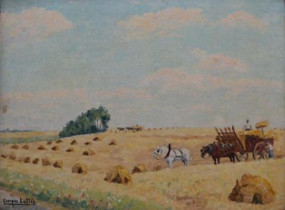LATTÈS Georges, XXe siècle Rentrée des blés environ Chaource (Aube) Huile sur toile,...