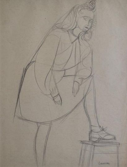 LAURAN André (1922-2009) Femme au tabouret Crayon noir sur papier beige (traces de...