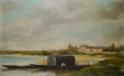 MALLET A. (XIXe-XXe siècle) Barge sur un fleuve Huile sur toile (usures et petites...