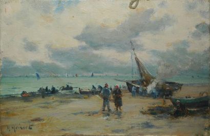 MOISSET Maurice, 1860-1946 Barques et bateau échoué sur une plage animée Huile sur...