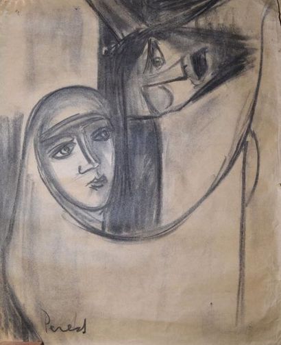 PERESS Pierre, 1919-1990 Visage - Vierge et Christ Deux dessins au fusain (mauvais...