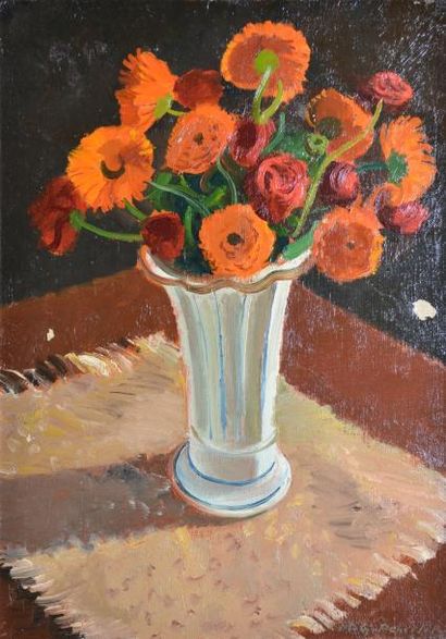 PONCELET Maurice Georges (1897-1978) Bouquet au napperon Huile sur toile (manques),...