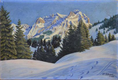 SHENK Fr., XXe siècle Montagnes enneigées, Adelboden (?), 1920 Huile sur toile (manques),...