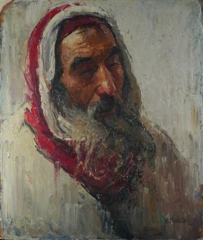 TELLIER Raymond, 1897-1985 Portrait d'oriental à la barbe Huile sur toile marouflée...