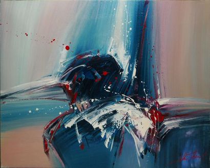 THERY John (né en 1955) Composition au fond rose et bleu Peinture sur toile, signée...