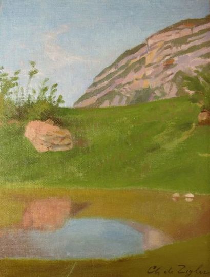 ZIEGLER Charles de, 1890-1962 Lac en montagne Huile sur carton toilé, signé en bas...