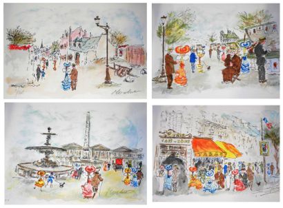 HUCHET Urbain (né en 1930) Sujets divers 4 lithographies en couleurs (piqûres), signées...