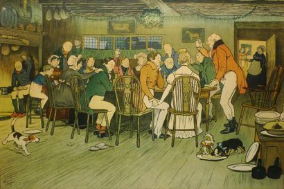 LALOIN, début XXe siècle Banquet à l'auberge Lithographie en couleurs, signée en...