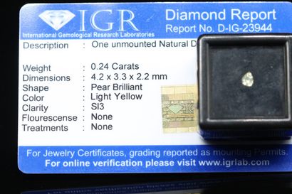 null Diamant "Light Yellow" poire sous scellée.

Accompagné d'un rapport de l'IGR...