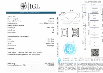 null Diamant couleur "G" princesse sur papier.

Accompagné d'un certificat IGL attestant...