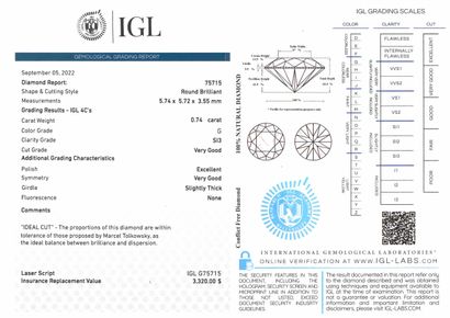 null Round "G" color diamond on paper.

Accompanied by an IGL certificate attesting...