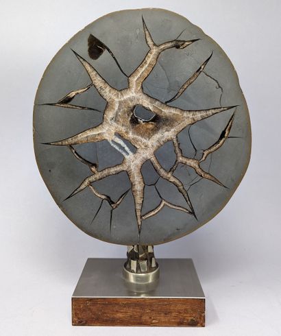 null Ovoid stone cut and mounted on a metal base and resting on a wooden base.

Total...