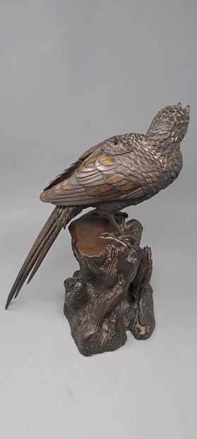 null Grand oiseau en bronze à patine brune formant brûle parfum, 
Japon - XIXème...