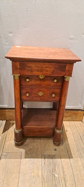 null Bedside table with detached columns in walnut stained mahogany opening in front...
