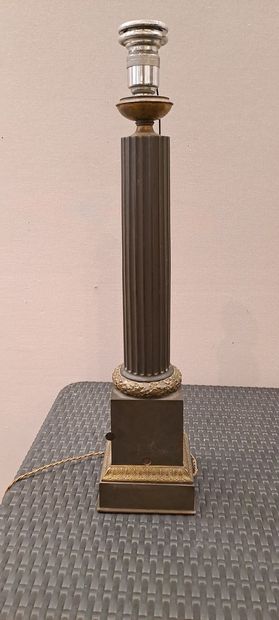 null Column lamp in patinated sheet metal, gilded and gilt bronze, the fluted shaft...