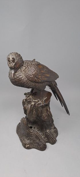 null Grand oiseau en bronze à patine brune formant brûle parfum, 
Japon - XIXème...