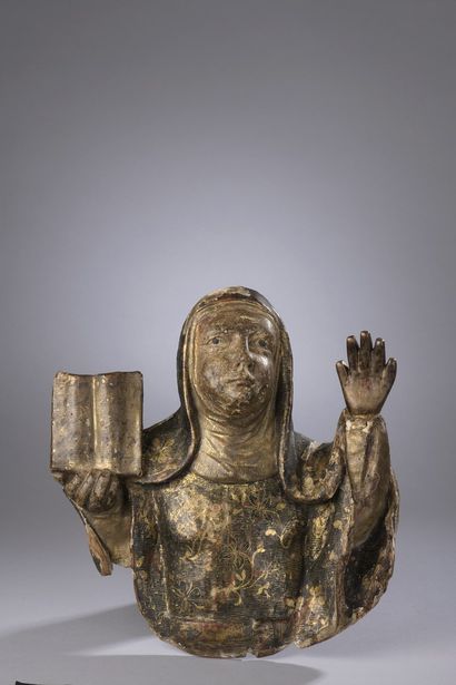 null Buste de sainte Catherine de Sienne en bois sculpté en applique, polychromé...