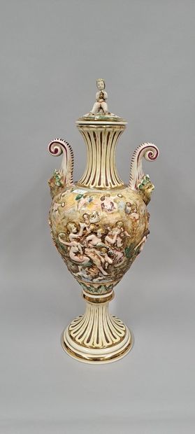 null CAPO DI MONTE 
Large covered vase on a pedestal in porcelain with rich rotating...