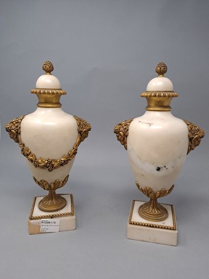 null Pair of white marble and chased and gilded bronze covered pots, of balustrine...