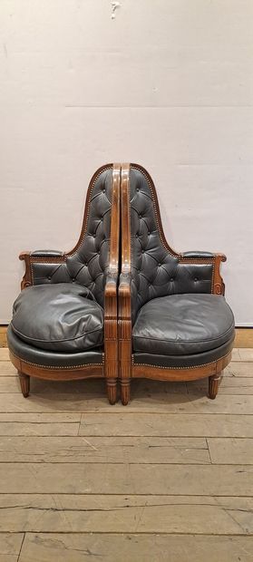 null Pair of mahogany and brass fillet high back corner armchairs resting on three...
