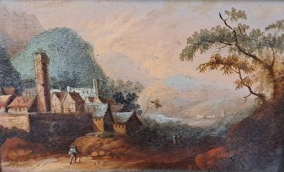 null ADAM Henri							
1797-1862

1-	Vue d'une petite ville fortifiée avec villageoises...