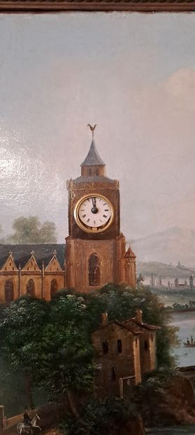 null TABLEAU-PENDULE 
Eglise près d’un fleuve, 
huile sur toile. XIXème. 
62 x 80...