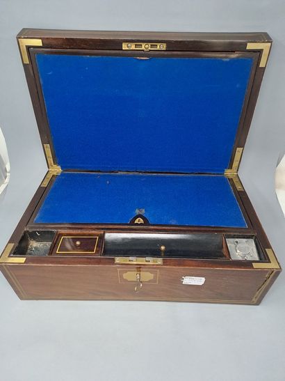 null Mahogany veneered travel writing case, framed with double gilt brass fillets,...