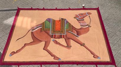 null Large polychrome pitchway depicting a camel in profile, wearing a ceremonial...