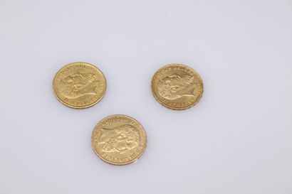 null Lot de 3 pièces en or de 20 francs Leopold II roi des Belges (1870 ; 1877 ;...