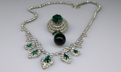 null Half set of silver plated metal including a necklace adorned with 5 green pear-shaped...