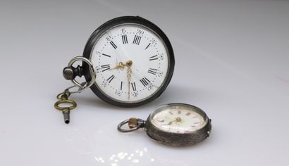 null Two pocket watches, silver cases:
- a collar watch, Roman numeral indexes, the...