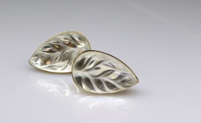 null LALIQUE FRANCE
Pair of gilded metal and glass ear clips with foliage. 
(Mis...