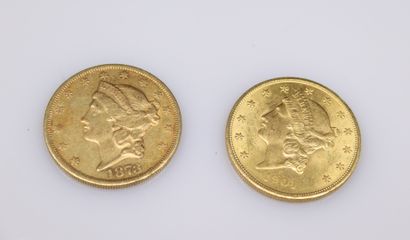 null Lot composé de deux pièces en or de 20 dollars LIBERTY (1904 et 1873 Philadelphie).
Poids...