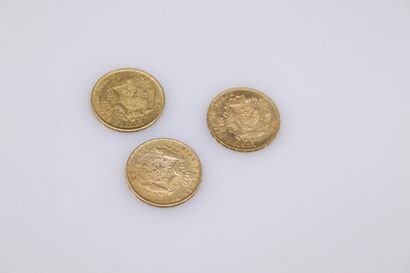 Lot of 3 gold coins of 20 francs Leopold...