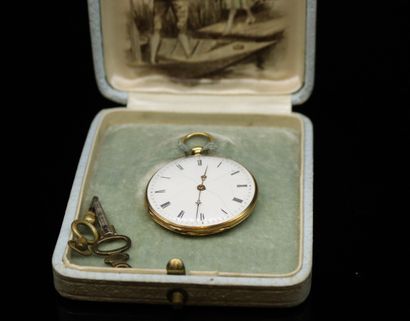 null Pocket watch in 18k (750) yellow gold, white enamel dial, Roman numerals. The...