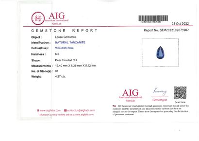 null Tanzanite pear on paper. 
Accompanied by a certificate AIG. 
Weight : 4.27 ...