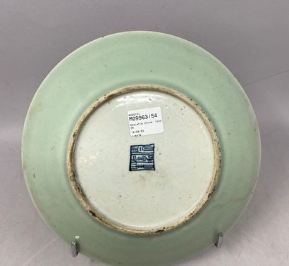 null China 20th, Plate with enamelled decoration of birds and flowers on a celadon...