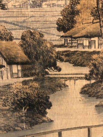 null 3 Peintures sur soie tissée, Chine XIXeme, représentant un paysage animé dans...