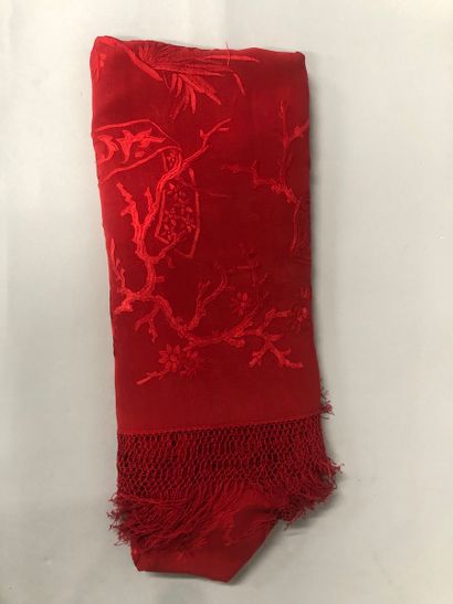 Red cotton shawl embroidered with two Chinese...