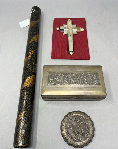 null Set including two silver metal boxes, a calligraphy tube, a Christ covered with...