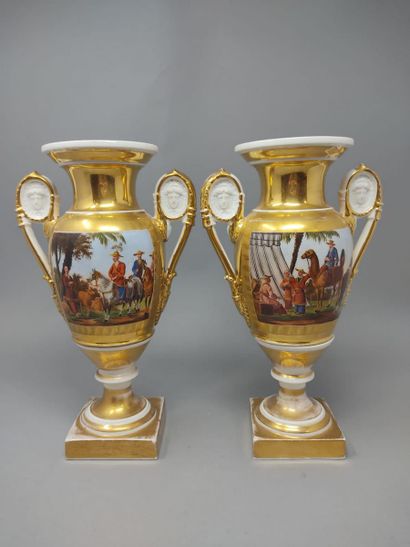 null Pair of porcelain baluster vases on pedestal, decorated with two handles with...