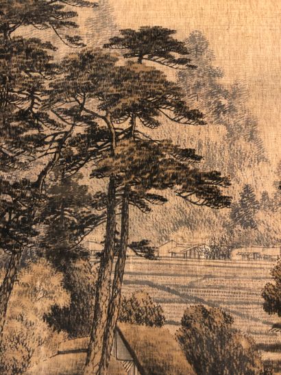 null 3 Paintings on woven silk, China 19th century, representing an animated landscape...