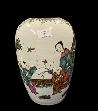 null Ginger pot in white ceramic underglaze and decorated with a woman and children...