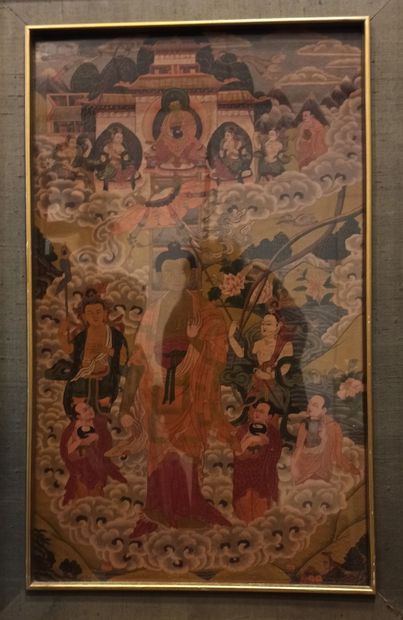 null Thangka peint représentant un Bouddha parmi des nuées, faisant le geste de l'explication...