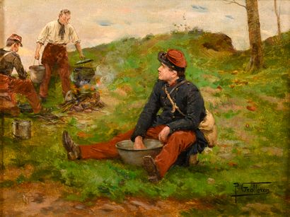 null GROLLERON Paul Louis, 1848-1901
Militaires préparant le repas
huile sur toile
signée...