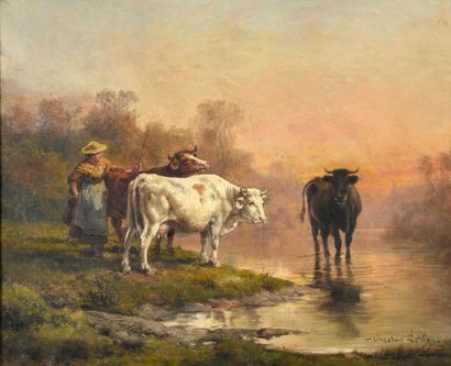 null LEVIGNE Théodore, 1848-1912
Cows at the brook
pair of oil on canvas (restorations...