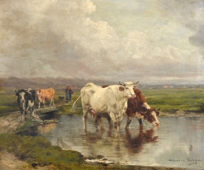 null LEVIGNE Théodore, 1848-1912
Cows at the brook
pair of oil on canvas (restorations...