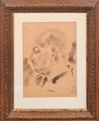 null ÉCOLE MODERNE,
Homme de profil, Nice, 1938,
crayon noir et estompe sur papier...