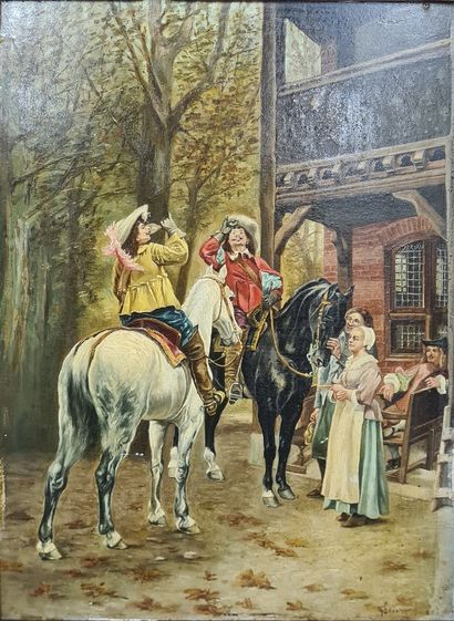 null LEONARD Georges, XIXe XXe siècle,
La halte des cavaliers, 5 Xbre 1899, 
huile...
